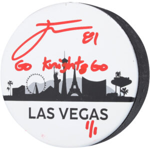 Jonathan Marchessault Vegas Golden Knights Autographed Skyline Themed Puck with "Go Knights Go" Inscription - Art by Stadium Custom Kicks - Limited Edition #1/1